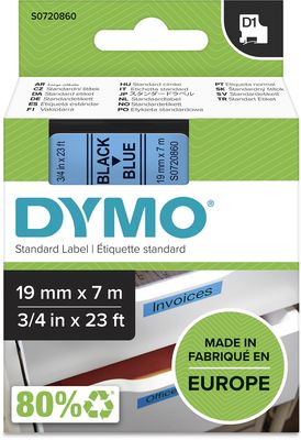 Dymo D1 tape 19 mm, zwart op blauw