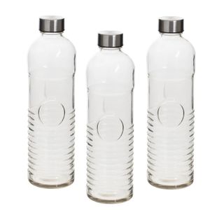 Set van 3x stuks waterflessen/drinkflessen 1 liter van gehard ribbel glas