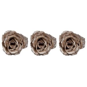 3x Champagne roos met glitters op clip 7 cm - kerstversiering