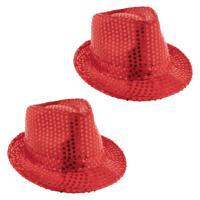 Carnaval verkleed Trilby hoedje met glitter pailletten - 2x - rood - polyester - heren/dames - thumbnail