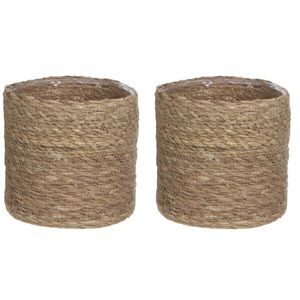 2x stuks naturel bruin rotan planten pot mand van gedraaid jute/riet H18 en D18 cm