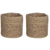 2x stuks naturel bruin rotan planten pot mand van gedraaid jute/riet H18 en D18 cm