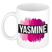 Naam cadeau mok / beker Yasmine  met roze verfstrepen 300 ml   - - thumbnail