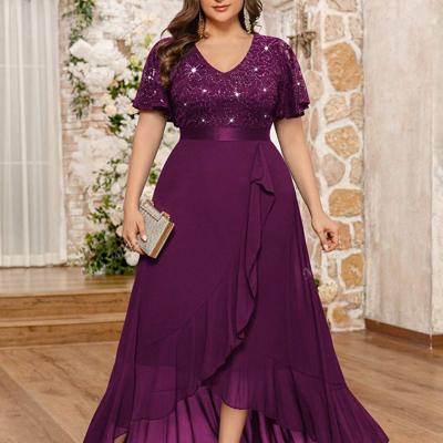 Bon&Bon Plus Size Navy Blue Sequin Lace V-Neck Formal Evening Gown Maroon / 0XL