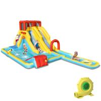 Opblaasbaar Springkasteel met 680 W Ventilator Springkussen met Lange Dubbele Glijbanen en Speelzwembad Waterpark Kinderbadje
