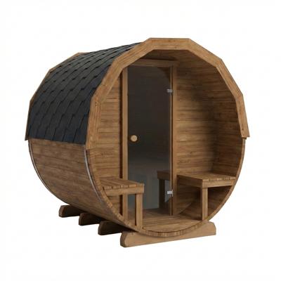 Thermowood houtgestookte barrelsauna met voorportaal - 6 personen Thermowood houtgestookte barrelsauna met voorportaal - 6 personen