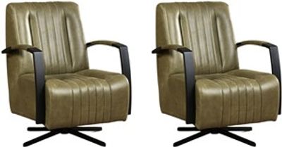 Set van 2 Olijfgroene leren industriële draaifauteuils Galaxy - staal zwart frame met stervoet - Vintage Leer Olive (olijfgroen leer)