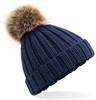 Beechfield CB412b Junior Faux Fur Pom Pom Chunky Beanie - Navy - One Size