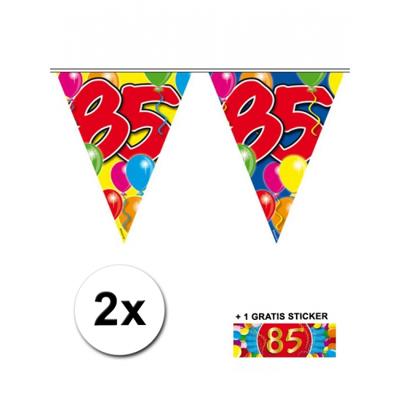 Leeftijd versiering - 2x vlaggenlijnen 85 jaar - met gratis sticker - feestartikelen - verjaardag