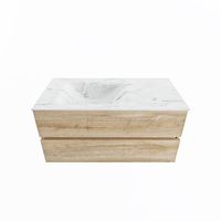 MONDIAZ VICA-DLUX 100cm badmeubel onderkast Washed Oak 2 lades. Inbouw wastafel CLOUD links zonder kraangat, kleur Opalo.