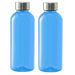 Kunststof waterfles/drinkfles/sportfles - 2x - blauw transparant - met RVS dop - 600 ml