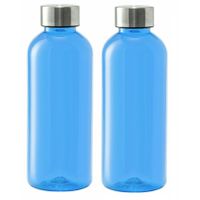 Kunststof waterfles/drinkfles/sportfles - 2x - blauw transparant - met RVS dop - 600 ml