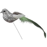 6x Zilveren decoratie glitter vogeltjes op draad 15 cm   -