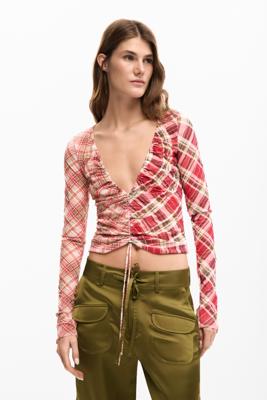 Gerimpeld T-shirt met halslijn - RED - XL