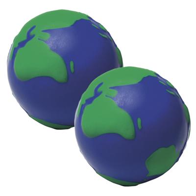 2x anti-stress bal - wereldbol - 6,5 cm - pu schuim - knijp stressbal