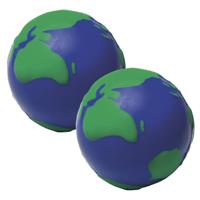2x anti-stress bal - wereldbol - 6,5 cm - pu schuim - knijp stressbal