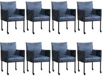 Set van 8 Blauwe leren moderne kuipstoel More - poot rond zwart met wiel - Kenia Leer Denim (blauw leer)