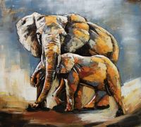 Wandschilderij metaal Moeder olifant met jong