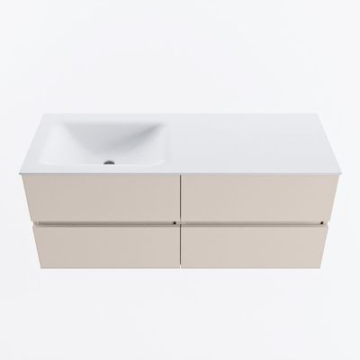 MONDIAZ VICA 120cm badmeubel onderkast Linen 4 lades. Wastafel CLOUD links zonder kraangat, kleur Talc.