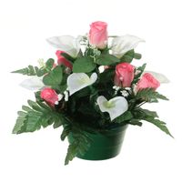 Louis Maes Kunstbloemen plantje in pot - wit/roze - 26 cm - Bloemstuk ornament - rozen met bladgroen - Kunstbloemen