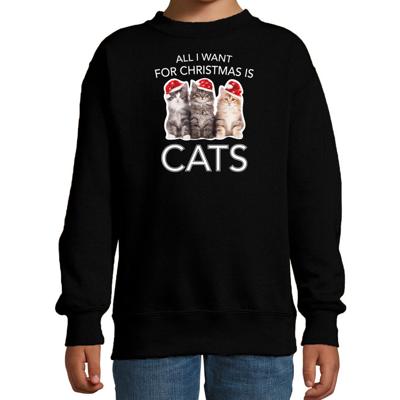 Kitten katjes Kersttrui sweater - outfit All I want for Christmas is cats - zwart - voor kinderen