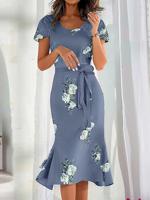 Crew Neck Elegant Cotton-Blend Floral Dress - thumbnail