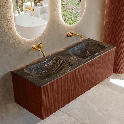 Badmeubel Mondiaz Kurve-Dlux | 130 cm cm | Meubelkleur Ruby | Wastafelkleur Lava | Solid surface | Wasbak beiden zijden spoelbak | Zonder kraangat(en)