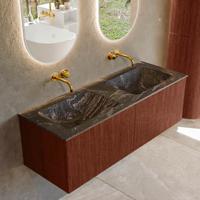 Badmeubel Mondiaz Kurve-Dlux | 130 cm cm | Meubelkleur Ruby | Wastafelkleur Lava | Solid surface | Wasbak beiden zijden spoelbak | Zonder kraangat(en)