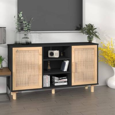 Dressoir 105x30x60 cm massief grenen hout en rattan zwart