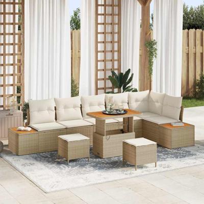 9-delige Tuinbankenset met kussens poly rattan acacia beige