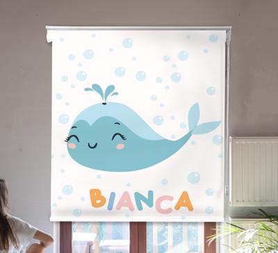 Babykamer rolgordijn met gelukkige walvis met naam