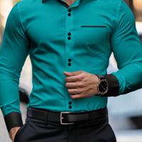 Bon&Bon Men's Khaki Casual Shirt - Long Sleeve Colorblock Polyester Green / XL