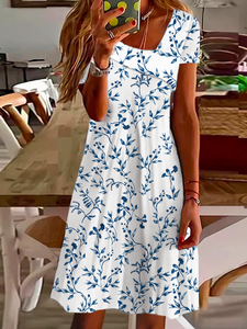 Asymmetrical Neck Casual Leaf Printed Dress