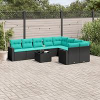 10-delige Loungeset met kussens poly rattan zwart