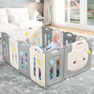 Opvouwbare Baby Grondbox 12 Panelen Wordt Geleverd met Antislip Rubberen Pads Draagbaar Speelhek voor Binnen en Buiten Grijs