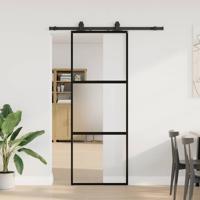 Schuifdeur met beslagset 76x205 cm gehard glas zwart