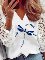 Libel Gedrukt Casual Lang Mouw V Nek Topjes - thumbnail