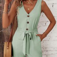 Bon&Bon Black V-Neck Tank Romper - Belted Sleeveless Casual Jumpsuit Mint Green / S