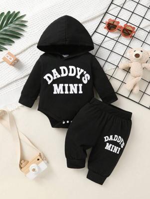 2pcs Set, Casual, Cute, Baby Boy Clothes, Infant Bodysuit, Baby Autumn/Winter Outfit, Soft & Comfortable, Letter Print Hoodie Top And Solid Letter Print Pants Set, Suitable For Daily, Vacation, Party, Outdoor Multicolor / 1-3M