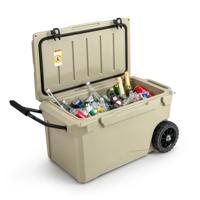 71 L Draagbare Isothermische Koelbox met Afvoerplug en Bekerhouders Stijve Thermobox met Wielen 5 tot 7 Dagen Ijsbehoud voor Kamperen Khaki