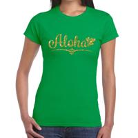 Hawaii verkleedkleding T-shirt - Aloha - groen - voor dames - met gouden letters