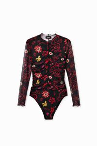 Aangerimpelde tulen body met bloemen - BLACK - L