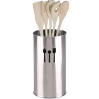 Keukengerei kooklepels spatels set 5-delig - bamboe - in zilver rvs houder van 18 cm