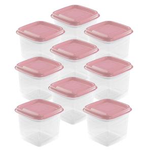 Vershoudbakjes Hega - set van 9x stuks - 0.3 liter - transparant/roze - L8 x B8 x H11 cm