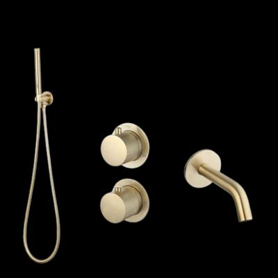 Badset Inbouw Sanilux Hops Met Box Thermostaat Muurbevestiging Met Geribbeld Knop Goud Geborsteld Sanilux