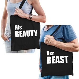 His beauty en her beast kadotassen / shoppers zwart katoen met witte tekst koppels / bruidspaar / echtpaar voor volwasse