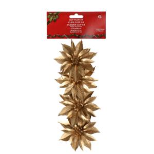 Decoratie bloemen - op clip - 4x - goud - 9,5 cm - kunststof - kerstbloemen