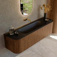 Mondiaz KURVE 160 cm Onderkast Greeploos 1 Lade Met Deuren Walnut, Wastafel Solid Surface Midden Urban 0 Kraangaten Zonder Spiegel (KRVBGM160L+R1L2D0KM-Wal/Urb)
