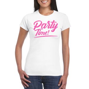 Bellatio Decorations Verkleed T-shirt voor dames - party time - wit - roze glitter - carnaval 2XL  -