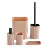 Set van 5 badkameraccessoires - TODAY - UTILITY - Zeepdispenser, tandenborstelhouder, zeepbakje, toiletborstel, prullenbak - Roze